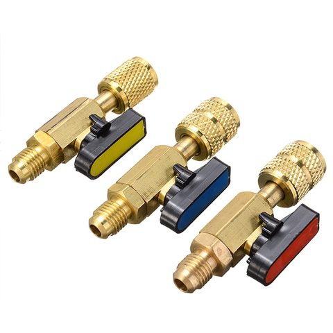 3Pcs/Set Brass R410A Refrigerant Straight Ball Valves AC Charging Hoses Brass 1/4