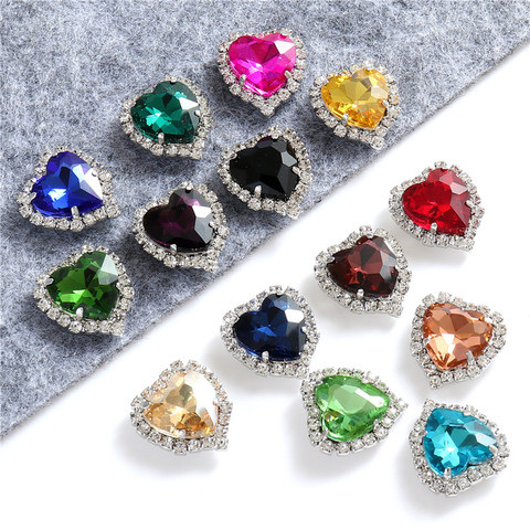 12mm 14mm Sewn Crystals Heart Glass Sew on Rhinestones With Silver Base Flatback Apparel Sewing Stones For Diy Clothing ► Photo 1/6