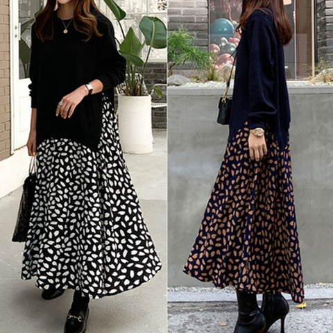 2022 Autumn Women Dress Plus Size 5XL Ladies Vestidos Long Sleeve T-Shirt Dress Patchwork Dress Cotton Print Robe Fake Two Piece ► Photo 1/6