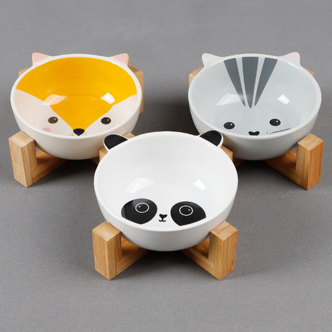 Pets Bowl Dog Cat Food Water Feeder Puppy Ceramic Drinking Dish Bowl With Wooden Rack Pet Cat Tableware ► Photo 1/6