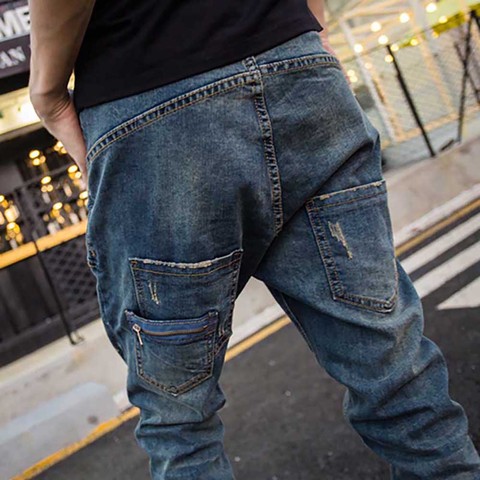 Men's Drawstring Jogger Denim Pants Regular Fit Harem Jean Trousers Hip Hop  Washed Pencil Jeans Blue