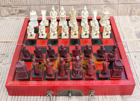 Antique Wooden  Chess Pieces Set Board Game Family Leisure Toys Chess Terra Cotta Warriors Chess Figure Chess Wooden Chess Board ► Photo 1/5
