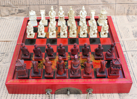 Antique Wooden  Chess Pieces Set Board Game Family Leisure Toys Chess Terra Cotta Warriors Chess Figure Chess Wooden Chess Board ► Photo 1/5