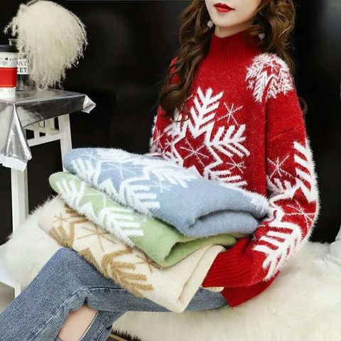 Red Christmas half high collar sweater for women loose and thickened new style student pullover in autumn and winter ► Photo 1/6