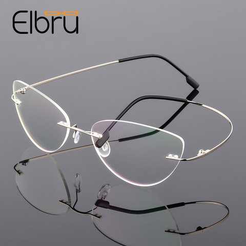 Elbru Titanium Alloy Glasses Frame Women Ladies Retro Rimless Cat Eye Optical Glasses Frame Vintage Spectacles Frames for Women ► Photo 1/6
