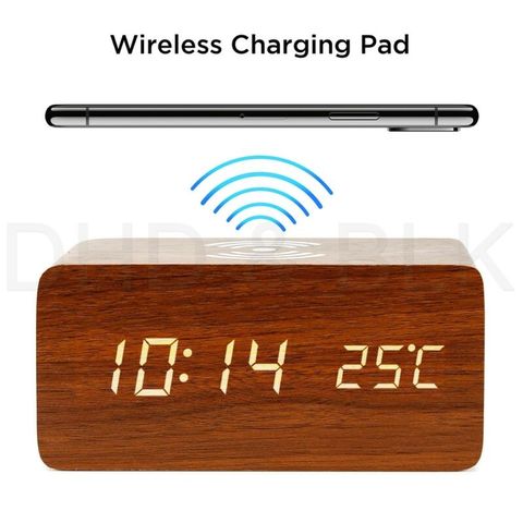 Electric LED alarm clock with phone wireless charger  Wooden Creative w/ Qi Wireless Phone Charging digital thermometer clock ► Photo 1/6