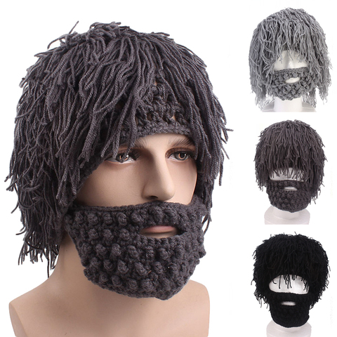 2022 Winter Men Handmade Wig Beard Hats Crochet Mustache Knit Halloween Funny Festival Caps Face Tassel Party Mask Warm Hat ► Photo 1/6