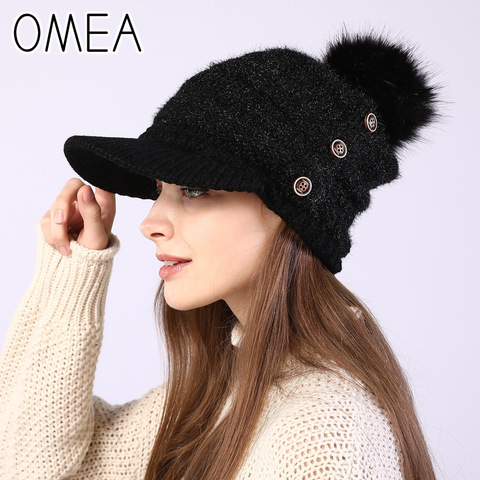 OMEA Womens Visor Beanie Winter Warm Woolen Knitted Cap Hat with Pompom Plus Velvet Thicken Outdoor Visor Hat Korean Version2022 ► Photo 1/6