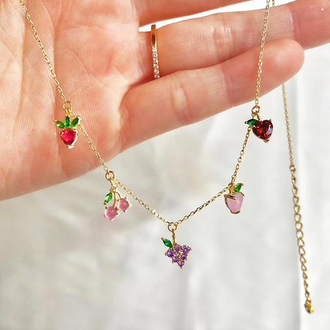 2022 Summer Hot Cute Korean Fashion Jewelry 18k Gold Plated Cherry Grape Peach Multiple Fruits Charm Choker Necklaces For Women ► Photo 1/6