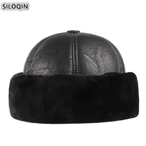 SILOQIN Middle-aged Men PU Imitation Leather Cap Winter Men's Warm Bomber Hats Thick Velvet Warm Male Winter Hat Brands Dad Hats ► Photo 1/6