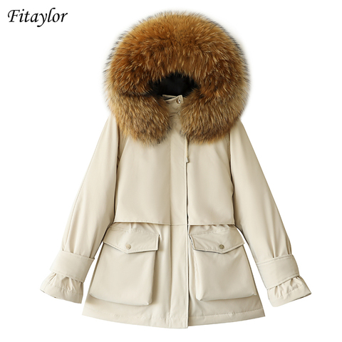 Fitaylor Winter Large Natural Fur Hooded Down Jacket Women Thick Warm Snow Beige Outerwear White Duck Down Coat Adjustable Waist ► Photo 1/6