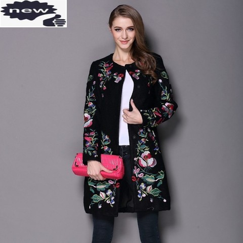 Winter Women Ethnic Flower Embroidery Wool Blends Long Trench Coat Ladies Slim Fit Woolen Outwear Jackets Abrigo Mujer Overcoat ► Photo 1/1