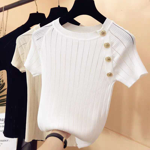 shintimes Tee Shirt Femme Hollow Out T Shirt Women Knitted Tshirt Summer Tops Woman Short Sleeve Button T-Shirt Female Clothes ► Photo 1/6