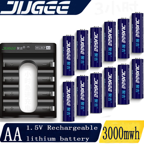 Jugee AA 1.5V 3000mWh lithium li-ion rechargeable battery +4 Channel polymer lithium  battery batteries charger ► Photo 1/6