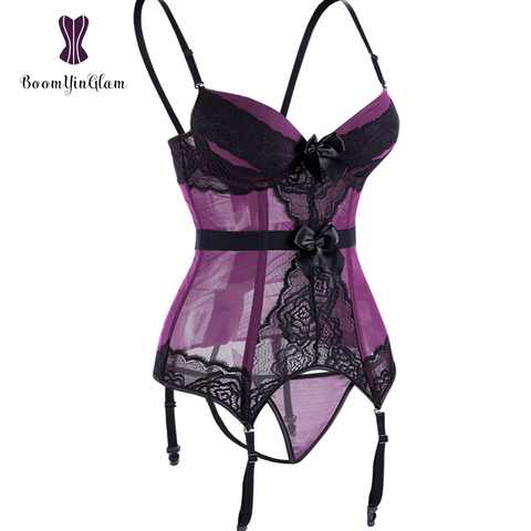 Purple/Blue/Black Womens Sexy Bustier Vintage Removable Spaghetti Straps Bowknot Padded Cup Corsets With G String 944# ► Photo 1/6