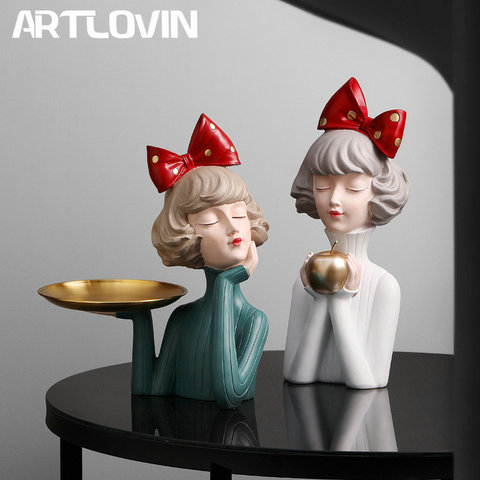 Modern Luxury Bowknot Girl Resin Figurines Home Decoration People Bust Storage Plate Gilr Statue For Room Decor Wedding Gifts ► Photo 1/6