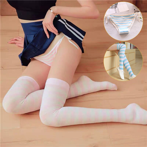 Cute & Sexy Japanese Anime Style Blue White Pink White Stripe Panties Briefs Cotton Cosplay Underwears Kawaii Underpants ► Photo 1/4