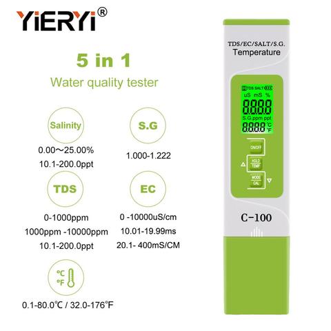 yieryi 5 in 1 TDS/EC/SALT/S.G./Temperature Meter Digital Water Quality Monitor Tester for Pools, Drinking Water, Aquariums ► Photo 1/6