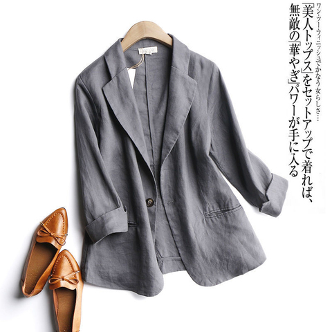 2022 Summer Arts Style Women 3/4 Sleeve Loose Casual Blazers Single Button Cotton Linen Solid Blezer Femme Coat Plus Size S995 ► Photo 1/6