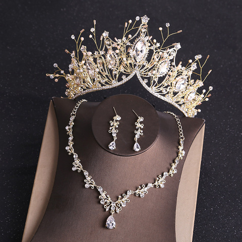 KMVEXO Costume Bridal Jewelry Sets Rhinestone Crystal Gold Tiara Crown Earrings Necklace Wedding Bride Luxury Jewelry Set ► Photo 1/6