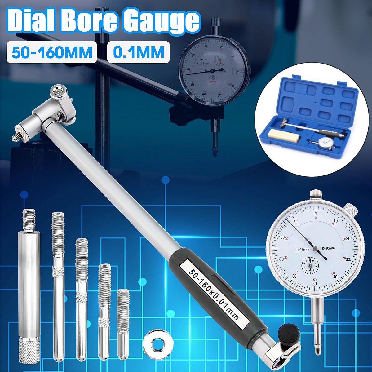 50-160mm Dial Bore Gauge-Hole Indicator Measuring Engine Cylinder Gage Tool Kit 