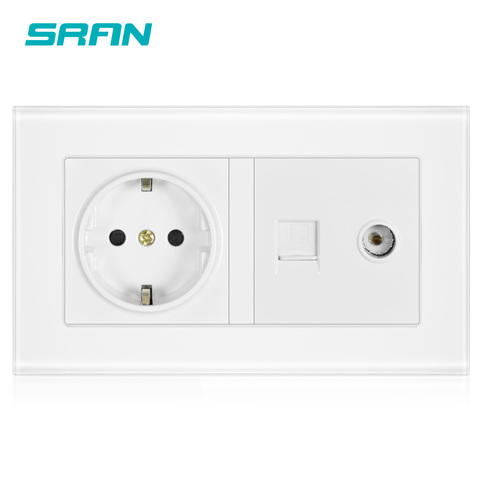 SRAN EU Standard Wall Power Socket + Female TV Jack With Internet Computer Data RJ45 CAT5E Plug Tempered Crystal Glass Panel ► Photo 1/5