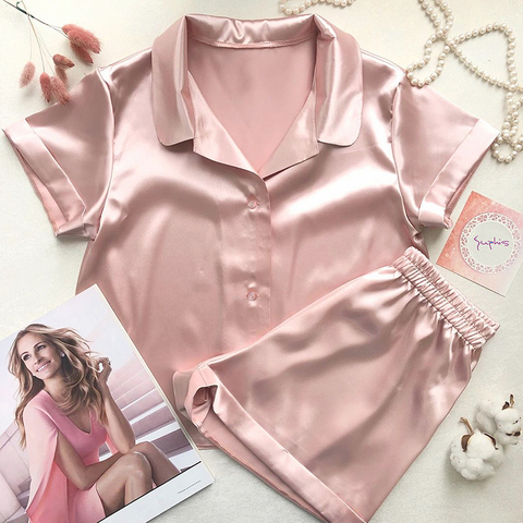 Women Sleepwear Summer Pajama Set 5 Colors Pink Turndown Collar Faux Silk Satin Blue Short Sleeve Casual Female Pijama Home Wear ► Photo 1/6