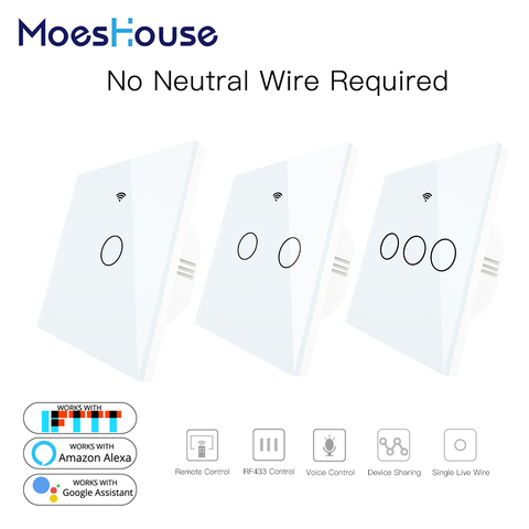 Single Fire WiFi Smart Wall Switch No Neutral Wire Needed Wireless Smart Life Tuya Remote Control Work With Alexa RF433 White ► Photo 1/6