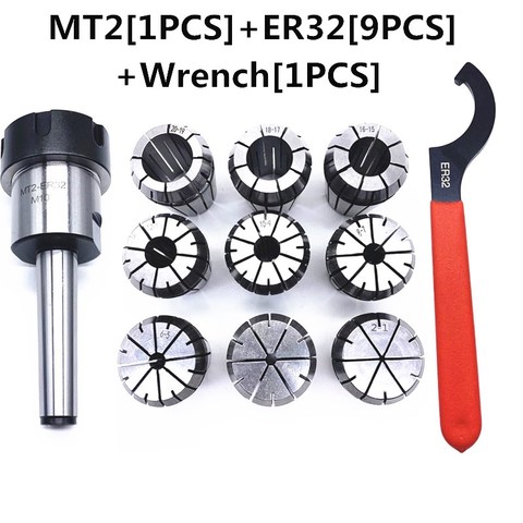 ER32 Spring Collets 9pcs Set and 1pcs MT2 ER32 M12 or MT3 ER32 M12 or MT4 ER32 M16 Extension bar of milling chuck +1PCS Wrench ► Photo 1/6