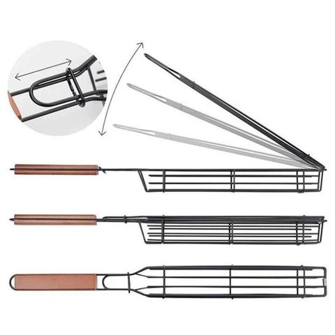 Durable Kabob Grilling Basket Reusable Anti-Corrosion Wooden Handle Barbecue Tool Grill Basket Grill Net For Co-Worker ► Photo 1/6
