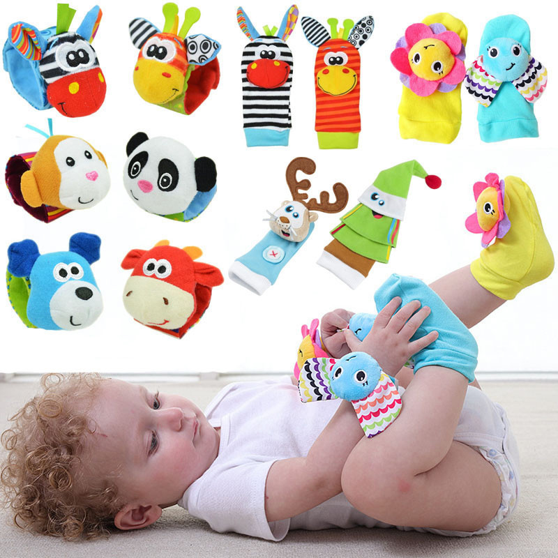 4pcs Set Cute Animal Infant Baby Kids Hand Wrist Bell Foot Sock Rattles Soft Toy 