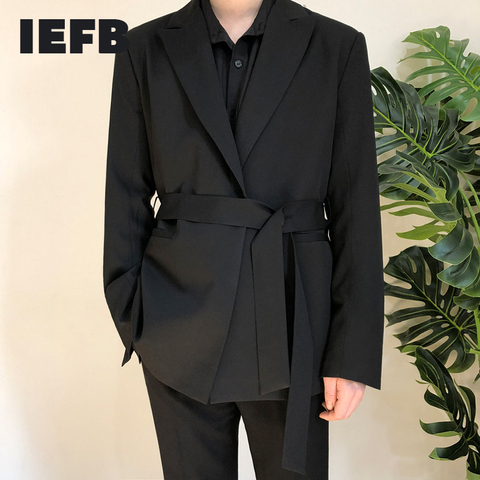 IEFB /men's wear 2022 autumn casual black Suit Loose Coat Self-cultivation Trend Handsome Small blazers with belt design 9Y90001 ► Photo 1/6