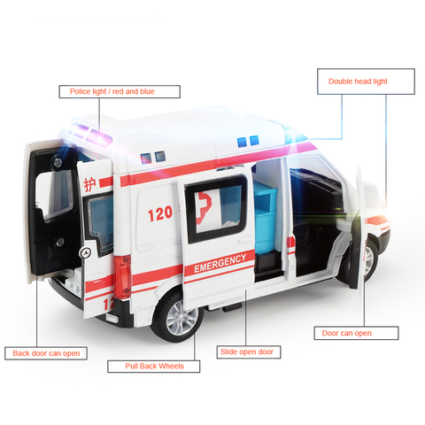 1:32 High Hospital Simulation Ambulance Hospital Rescue Metal Cars Model Pull Back With Sound and Light Alloy Diecast Car Toys ► Photo 1/6