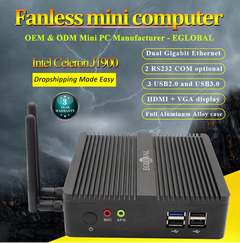 Eglobal Fanless Mini Computer Intel Celeron J1900/N3160/J3160 Quad Core Pfsense Barebone Mini PC Server 2 * Gigabit RJ45 LAN ► Photo 1/5