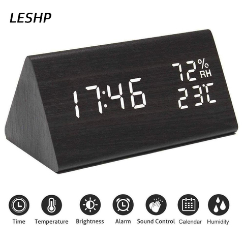 LED Wooden Humidity and Temperature Alarm Clock - Electronic LED Time Display Temperature and Humidity Detect Clock For Bedroom ► Photo 1/6