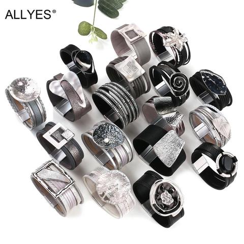 ALLYES Crystal Pearl Enamel Metal Geometric Leaf Charms Bracelets Multilayer Leather Wide Wrap Bracelet Party Unisex Jewelry ► Photo 1/6