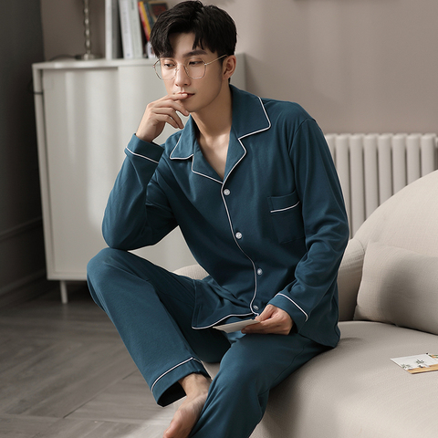 100% Cotton Pajamas for Men Full Sleeves Winter Pijama Hombre Button-Down Sleepwear 2PCS Men Cotton Nightwear PJ Set Blue Pyjama ► Photo 1/6