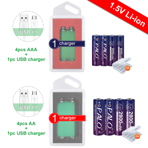 PALO 4pcs 2800mWh AA li ion 1.5V rechargeable battery + 4pcs 1.5v AAA 900mWh lithium rechargeable battery with 1.5v usb charger ► Photo 1/6