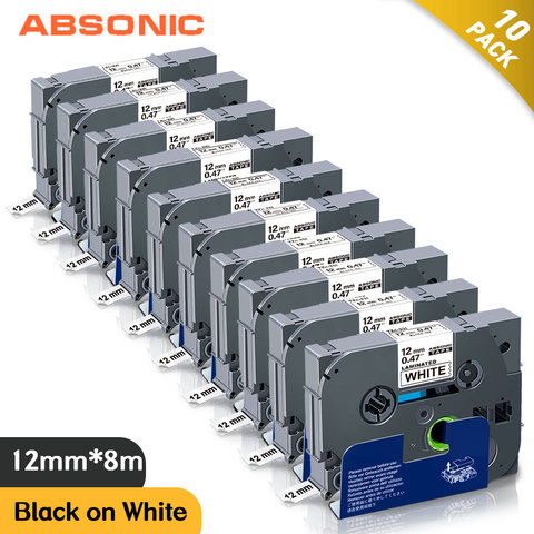 Absonic 10PCS TZe-231 TZ-231 12mm Black on White Laminated Label Tape Compatible for Brother P-Touch PT-D210 PT-H110 LabelMaker ► Photo 1/6