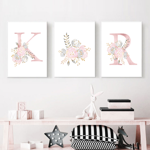 Baby Posters Personalized Girl's Name Custom Poster Nursery Prints Pink Flower Wall Art Canvas Painting Pictures Baby Room Decor ► Photo 1/6