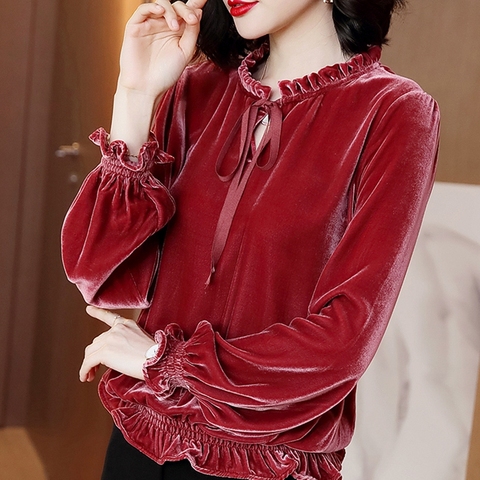 Autumn winter women blouse velvet shirts tops vintage long-sleeved bow ruffled blouses casual loose ladies tops female clothes ► Photo 1/6