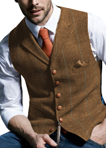 Brown Casual Gentleman Men's Army Green Vest Plaid Soft Wool Jacket Tweed Business Waistcoat For Best Man Wedding For Party ► Photo 1/6