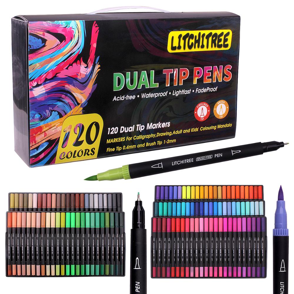 Dual Tip Brush Pen,120 Colored Dual Tip Markers Calligraphy Pens