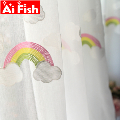 Korean Embroidered White Cloud and Rainbow Sheer Window Bedroom Curtains Cotton Flax Panels Tulle Voile for Living room MY036#5 ► Photo 1/6
