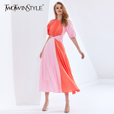 TWOTWINSTYLE Patchwork Hit Color Asymmetrical Summer Dress For Female Puff Sleeve High Waist Hollow Out Dresses Women 2022 New ► Photo 1/6