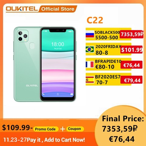 Newest OUKITEL C22 Smartphone Triple Camera Light Weight 2.5D Glass Back 4GB RAM 128GB ROM 1.8Ghz 2022 Celular Smart Phone ► Photo 1/6