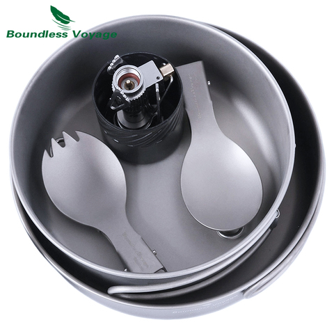 Boundless Voyage Outdoor Titanium Pot Pan Spoon Spork Stove Set  Camping Hiking Cooking Burning Set With Folding Handle ► Photo 1/6