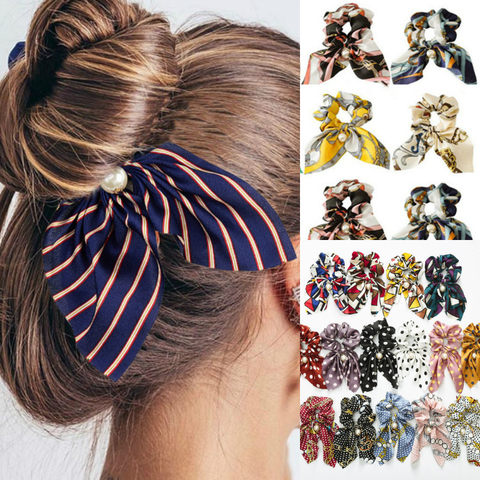 MINHIN New Chiffon Bowknot Silk Hair Scrunchies for Women Cute Pearl Ponytail Holder Hair Rope Rubber Bands Hair Accessories ► Photo 1/6