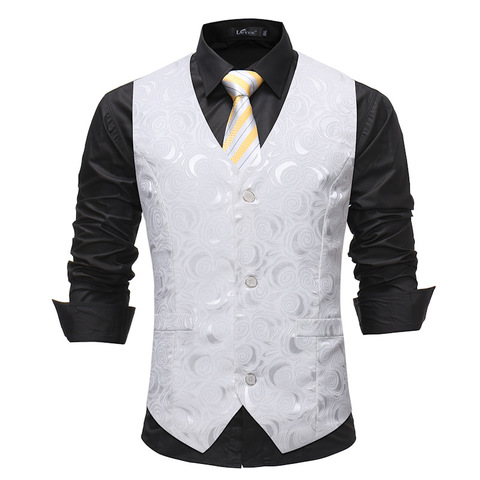 White Rose Floral Jacquard Vest Men 2022 Autumn New Single Breasted Vest Waistcoat Men Business Wedding Groom Vests Gilet Men ► Photo 1/6