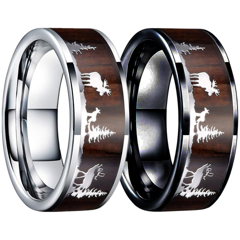 FDLK  Fashion Couple 8MM Steel Rings Inlay Deer Stag Wood Wedding Band for Men Women Engagement Promise Jewelry Anniversary Gift ► Photo 1/6